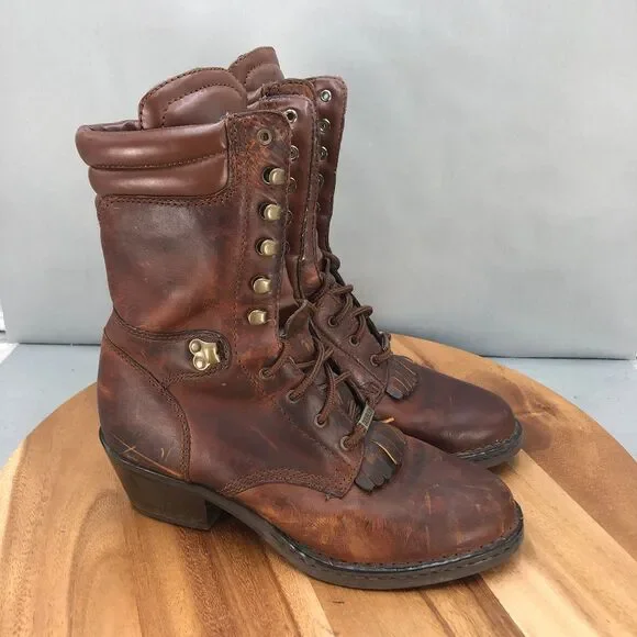 Double H Packer Boots Mens 8.5 Brown Leather Kiltie Lace Up Heeled Mid Calf - Picture 1 of 7